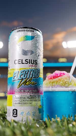 Can Lights Up Stadium Field in a fake-out-of-home ad of Celsius Energy Drink