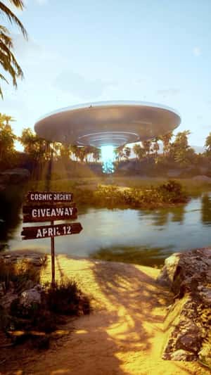UFO Descends Beside Desert Pond in a fake-out-of-home ad of Celsius Energy Drink