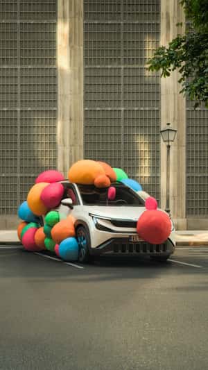 Oversized Colorful Clay Balls Reveal Car in a fake-out-of-home ad of Skoda