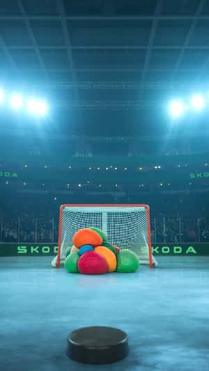 Colorful Clay Goalie Blocks Hockey Puck in a fake-out-of-home ad of Skoda