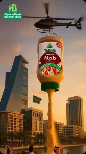 Helicopter Lifts Giant Tahini Bottle in a fake-out-of-home ad of Halwani Bros