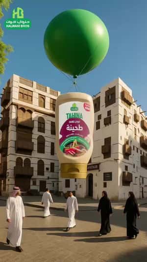 Giant Tahini Bottle Lifted by Balloon in a fake-out-of-home ad of Halwani Bros