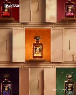 Bottles Displayed in Lockers in a fake-out-of-home ad of Disaronno