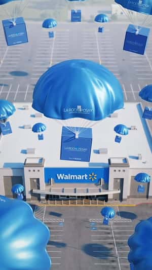 Parachutes Deliver Boxes to Walmart in a fake-out-of-home ad of La Roche-Posay