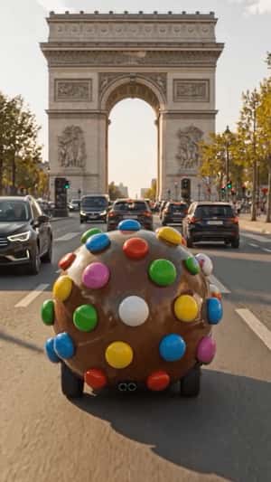 Color Bomb Car Drives Through Paris in a fake-out-of-home ad of Candy Crush