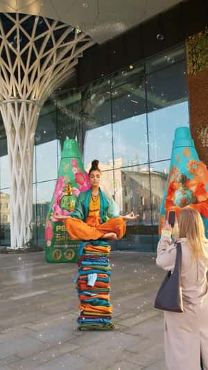 Giant Bottles Tower Behind Meditating Woman in a fake-out-of-home ad of Perlux