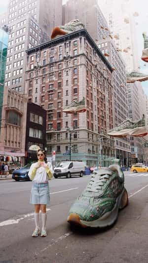 Tory Burch Sneakers Flying Like Cars in fake-out-of-home ad of Tory Burch