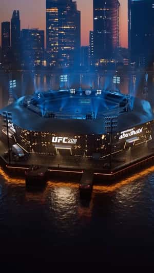 UFC Floating Stadium Above Waters in a fake-out-of-home ad of Abu Dhabi Calendar