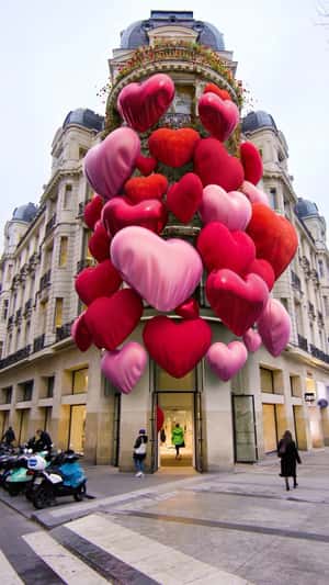 Heart balloons at Zara store in Paris in fake-out-of-home ad of Zara