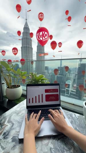 Packs Float on Balloons in a fake-out-of-home ad of Kit Kat