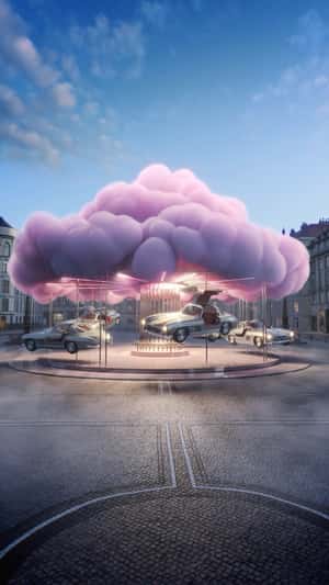 Pink Cloud Car Carousel in fake-out-of-home ad of Mercedes-Benz