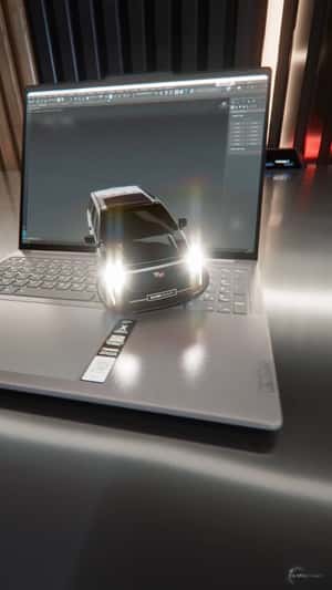 3D SUV Goes Off-screen From Laptop in a fake-out-of-home ad of Lenovo