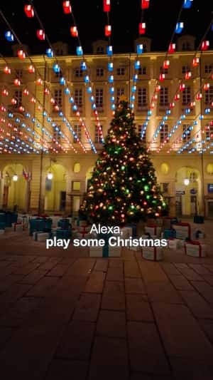 Speaker Showering Gift Boxes in a fake-out-of-home ad of Amazon Alexa