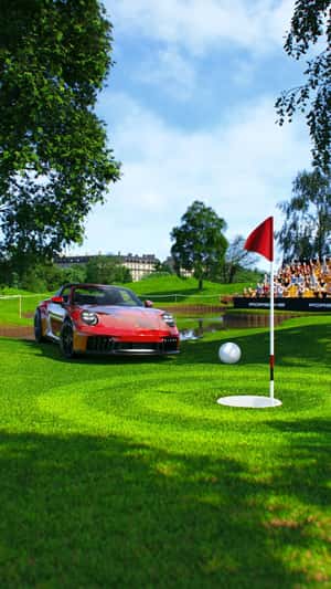 Oversized golf ball fake out of home ad of Porsche