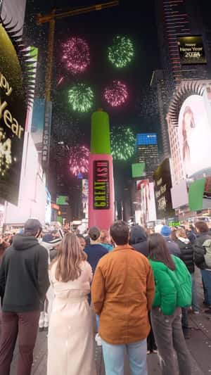 Giant Mascara at Times Square Countdown from Maybelline fake-out-of-home ad from Maybelline