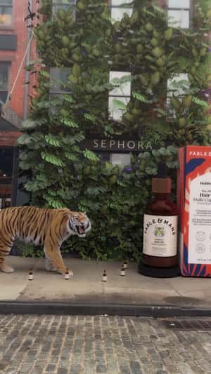 Lion walking by Fable & Mane product in NYC fake-out-of-home ad of Sephora