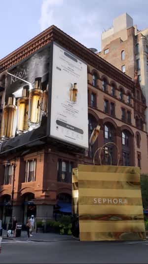 Kérastase product leaps onto Sephora bag fake-out-of-home ad of Sephora