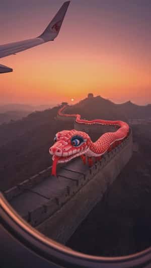 Snake Dance at the Great Wall of China in fake-out-of-home promotional ad of Qatar Airways