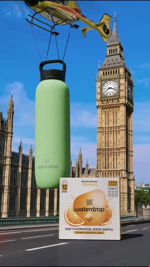 Water Bottle Delivery at Big Ben in a fake-out-of-home of Waterdrop