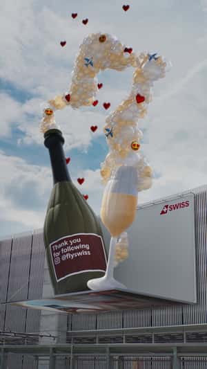 Champagne Balloon Installation in fake-out-of-home ad of Swill Airlines