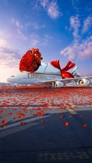 Airplane with Bouquet of Red Roses in fake-out-of-home ad of Emirates