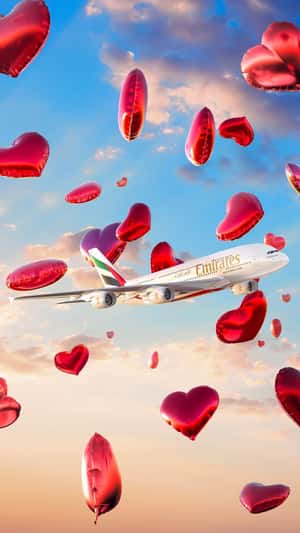 Plane Flies with Floating Heart Balloons in fake-out-of-home ad of Emirates