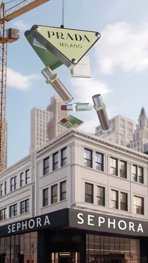 Prada Milan logo dropping beauty essentials fake-out-of-home ad of Sephora