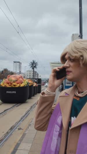 Airfryers Passing on a Tramline in a fake-out-of-home ad of Philips