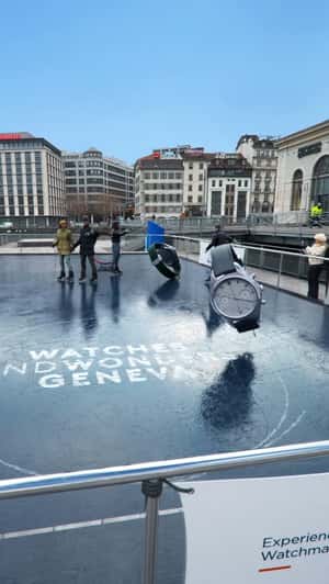 Watches Skating on Ice Rink in fake-out-of-home ad of Watches and Wonders