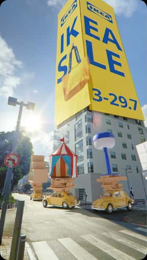 Yellow Beetle Cars Carrying Home Items in a fake-out-of-home ad of IKEA