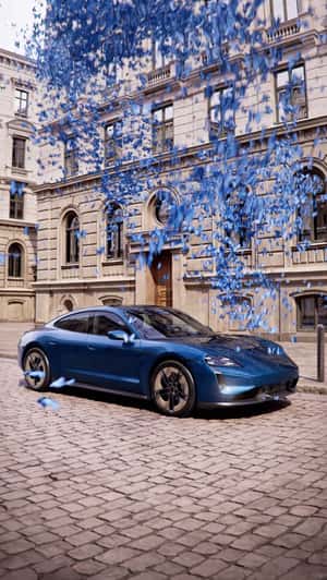 Porsche Taycan revealed blue butterflies fake-out-of-home ad of Porsche