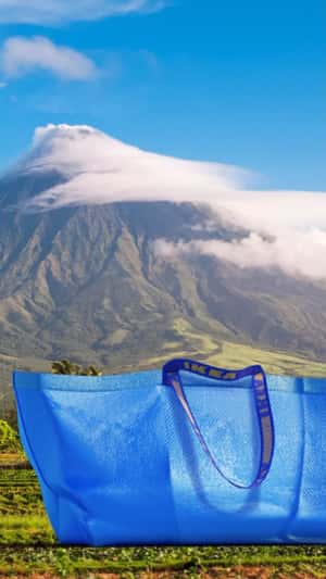 Blue Shopping Bag at the Foot of a Volcano in a fake-out-of-home ad of IKEA