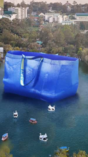 Blue Shopping Bag Floats at the Lake in a fake-out-of-home ad of IKEA
