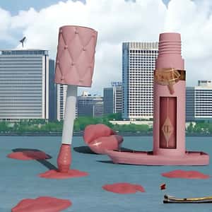Lip Gloss on Boat with Floating Lips in a fake-out-of-home ad of Nykaa