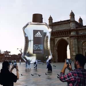 Man Climbs at Perfume Bottle in a fake-out-of-home ad of Nykaa