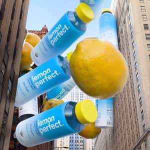 Lemon Perfect Lemon and Bottles Float in a fake-out-of-home ad of Lemon Perfect