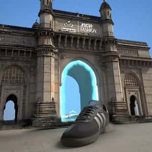 Sneakers Pass Through Glowing Arc in a fake-out-of-home ad of Nykaa Fashion