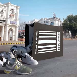Shopping Bag Spill Shoes in a fake-out-of-home ad of Foot Locker