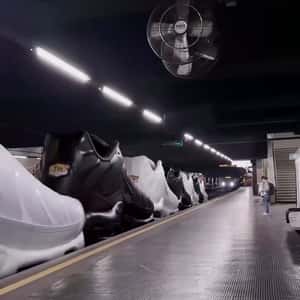 Shoes Line Up Like Train Wagons in a fake-out-of-home ad of Foot Locker