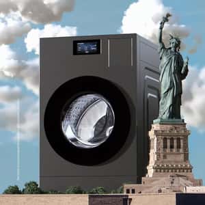 Washer Rises Beside Statue of Liberty in a fake-out-of-home ad of Samsung