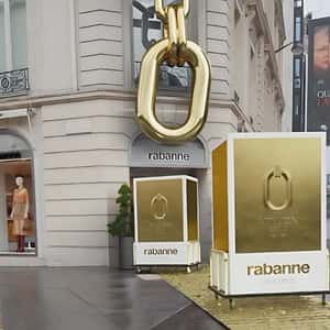Perfume Box Spills Perfume Bottles in a fake-out-of-home of Rabanne