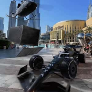 Helicopter Delivers F1 Car in a fake-out-of-home ad of Amaya Dubai