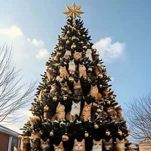 Cats Resting on Christmas Tree in a fake-out-of-home-ad of Quoifaireabordeaux