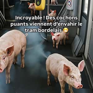 Pigs Riding Inside the Tram in a fake-out-of-home ad of Quoifaireabordeaux