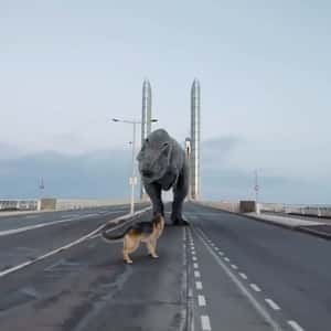 T-Rex and Dog Roaming at the Bridge in a fake-out-of-home ad of Quoifaireabordeaux