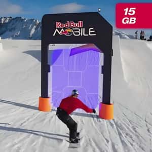 Snowboarder Collects SIM Cards in a fake-out-of-home ad of Red Bull MOBILE