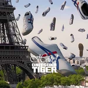 Shoes Ascending at Eiffel Tower in a fake-out-of-home-ad of Onitsuka Tiger