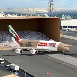 Airplane Comes Out From Courier Box in a fake-out-of-home ad of Emirates