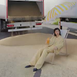 Truck Pours Sand on the Street in a fake-out-of-home ad of Drykorn
