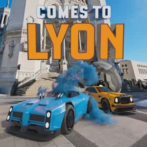 Sports Cars Chasing Ball on Street in a fake-out-of-home ad of Rocket League